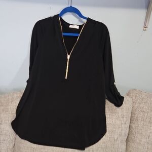 Zenana Black V-Neck Tunic with Gold Zip Detail